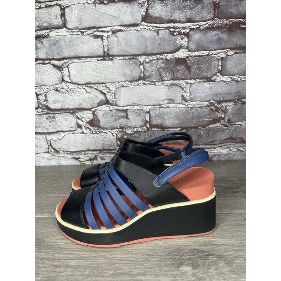 Camper Tropic Black Blue Leather Ankle Strap Wedge Sandals Women’s Sz 36EU/6M US - Picture 1 of 16